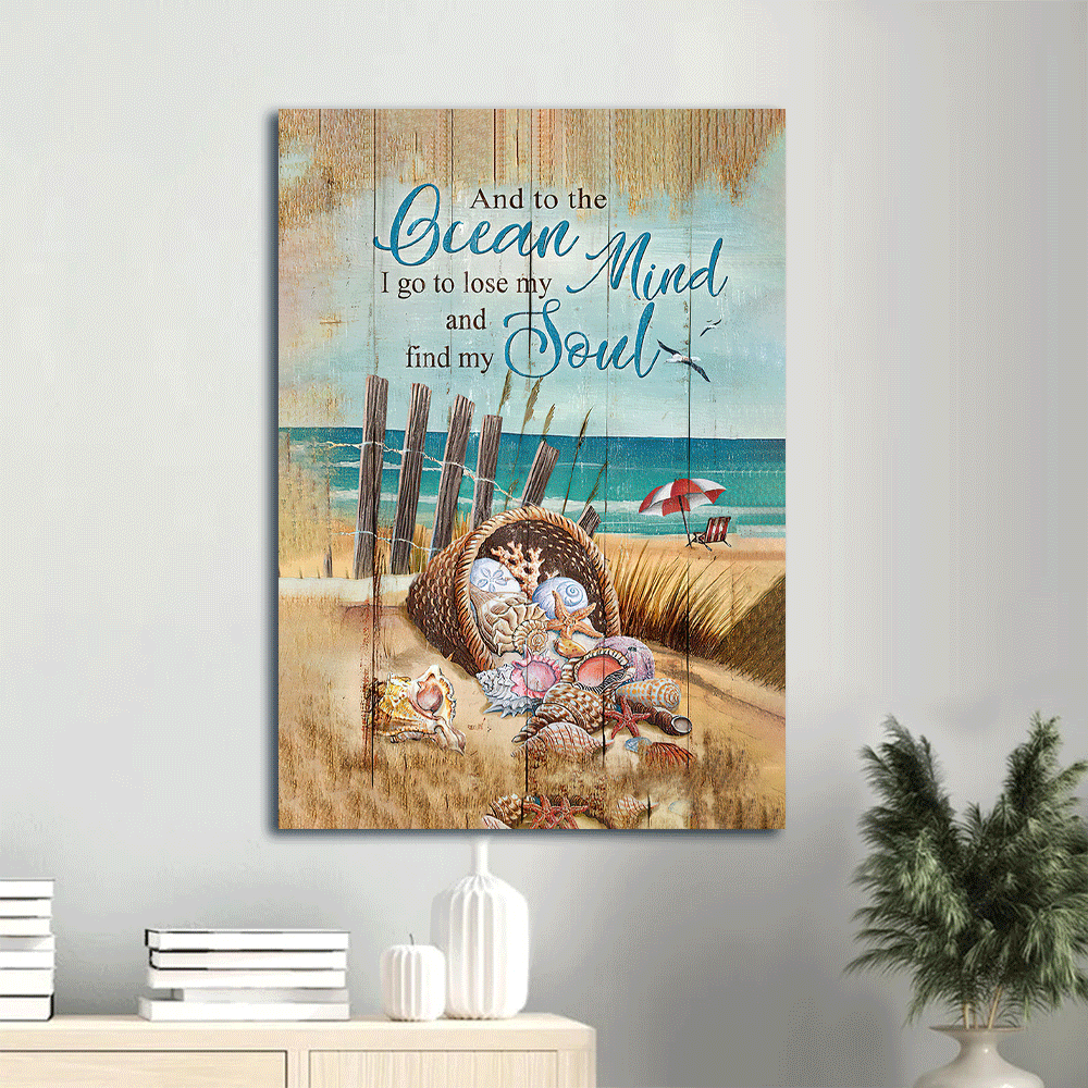 Jesus Portrait Canvas- Seashell Basket, Beach- Gift for Christian- And to the ocean I go to lose my mind and find my soul - Portrait Canvas Prints, Wall Art