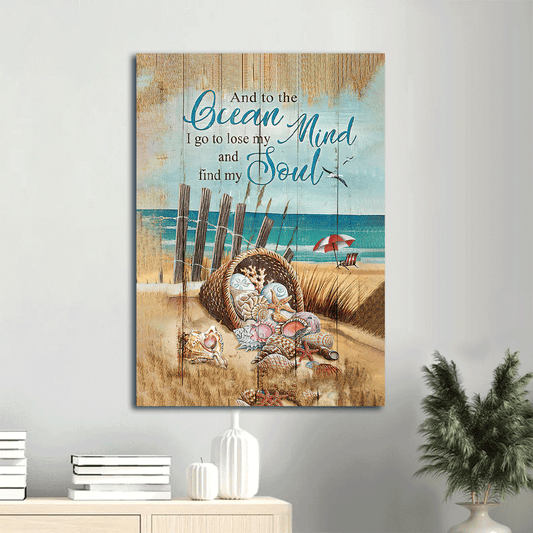 Jesus  Portrait Canvas- Seashell Basket, Beach- Gift for Christian- And to the ocean I go to lose my mind and find my soul - Portrait Canvas Prints, Wall Art