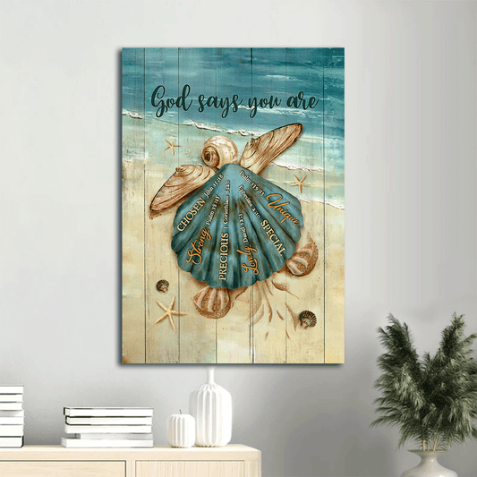 Jesus Portrait Canvas- Seashell art, Baby turtle, On the beach, God says you are- Gift for Christian - Portrait Canvas Prints, Christian Wall Art