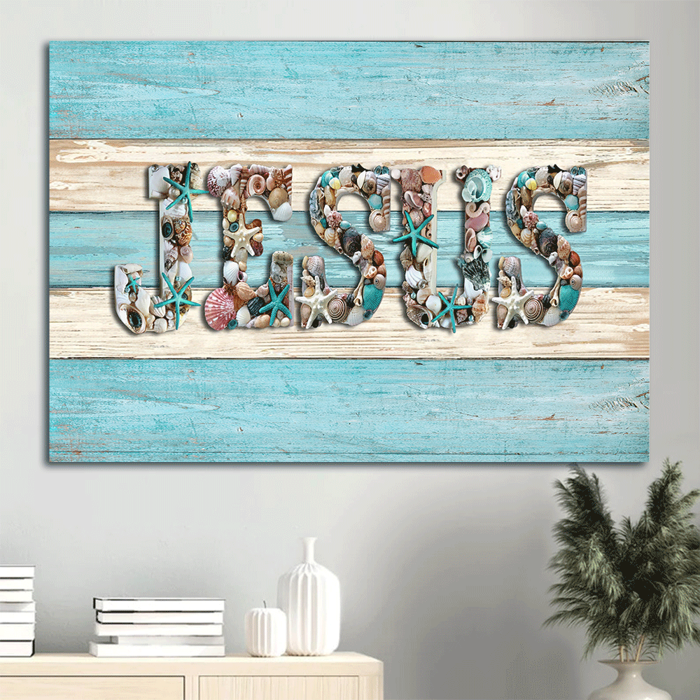 Jesus Landscape Canvas- Seashell painting, Blue starfish- Gift for Christian - Landscape Canvas Prints, Wall Art