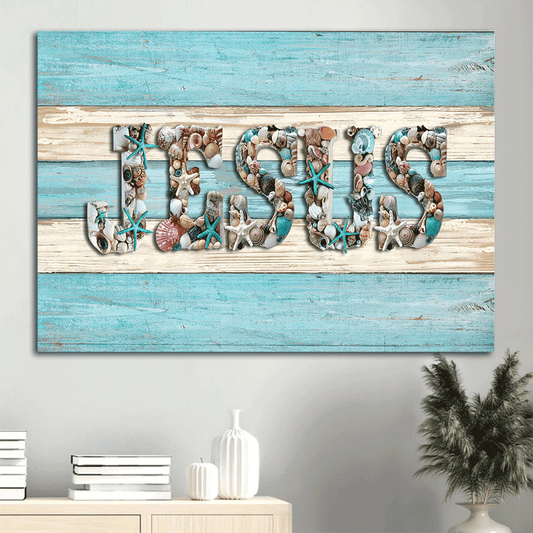 Jesus Landscape Canvas- Seashell painting, Blue starfish- Gift for Christian - Landscape Canvas Prints, Wall Art
