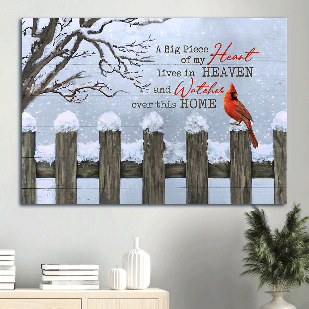 Memorial Landscape Canvas- Snow fence, Red cardinal- Gift for members family- A big piece of my heart lives in heaven - Heaven Landscape Canvas Prints, Wall Art