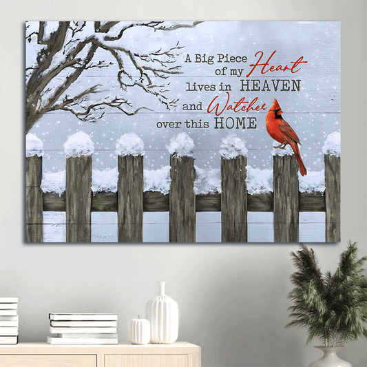 Memorial Landscape Canvas- Snow fence, Red cardinal- Gift for members family- A big piece of my heart lives in heaven - Heaven Landscape Canvas Prints, Wall Art