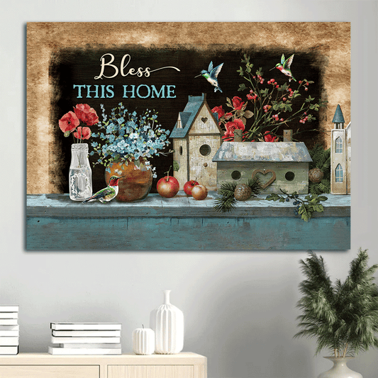 Jesus Landscape Canvas- Still life painting, Colorful hummingbird, Vintage birdhouse, Apple- Gift for Christian- Bless this home - Landscape Canvas Prints, Christian Wall Art