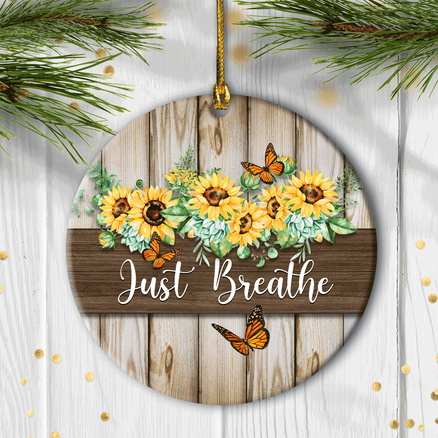 Best Christmas Ornament Gifts, Inspirational Circle Ceramic Ornament, Gift for Religious Christian, Sunflower Just Breathe Ornaments