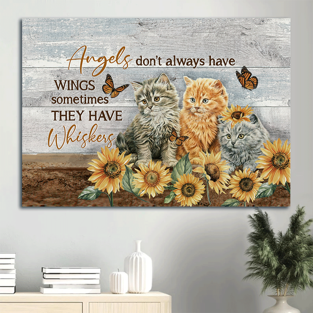 Jesus And Cat Landscape Canvas - Sunflower Field, Cute Cat Drawing Canvas - Gift For Christian, Cat Lovers - Angels Don't Always Have Wings Canvas