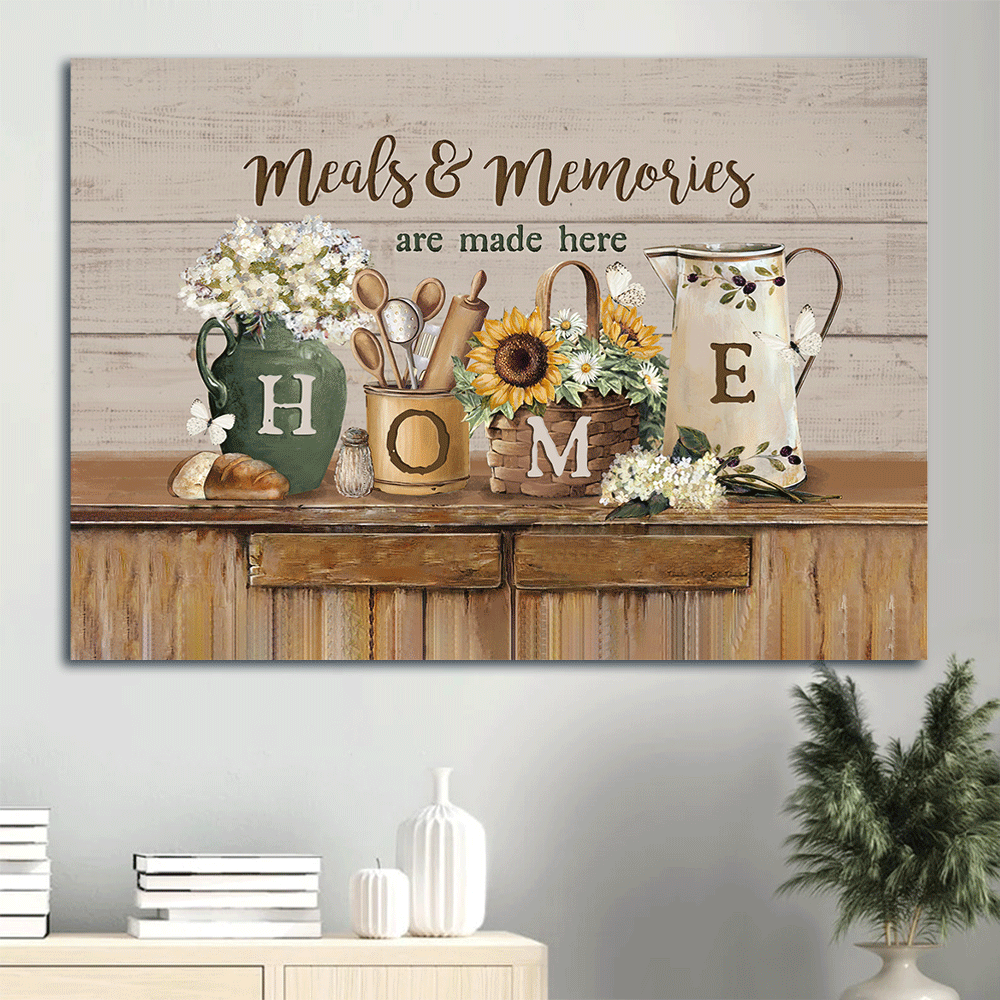 Family Landscape Canvas - Sunflower Painting, Vintage Kitchen, Butterfly Canvas - Gift For Family Members - Meals And Memories Are Made Here Home