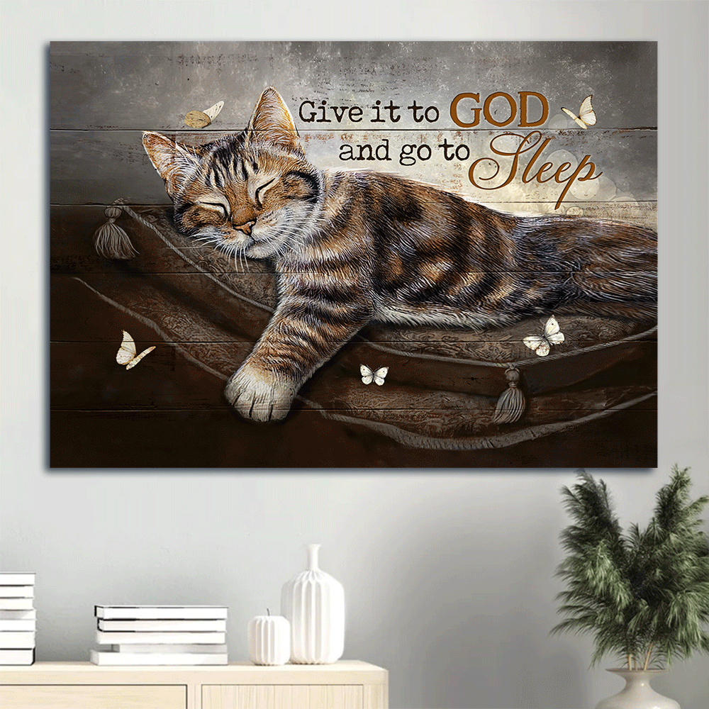 Jesus And Cat Landscape Canvas - Sweet Dream, Sleeping Cat, White Butterfly Canvas - Gift For Christian, Cat Lovers - Give It To God And Go To Sleep Canvas