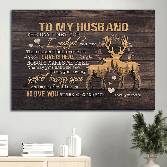 Gift For Husband Landscape Canvas - To My Husband, Deer Carving, Deer Couple, Couple Canvas - Valentine's Day Gift For Couple, Spouse, Lover - You Are My Perfect Missing Piece