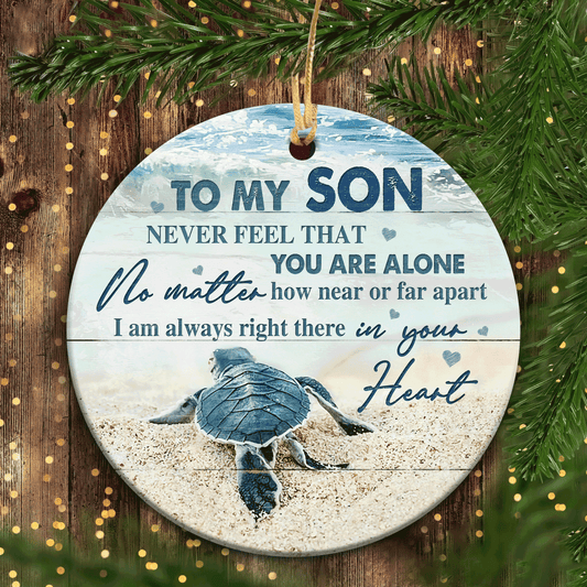 Christmas Gifts, Birthday Gifts For Son, Family Ceramic Ornaments, Sea Turtle On Beach Ornaments, To Son I Am Always Right There In Your Heart