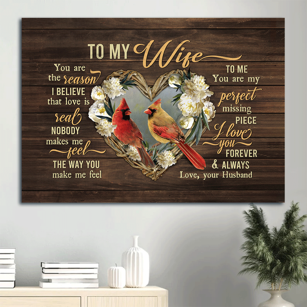 Gift For Wife Landscape Canvas - To My Wife, Perfect Cardinal Couple, Lovely Floribunda Canvas - Valentine's Day Gift For Couple, Spouse, Lover - You Are My Perfect Missing Piece - Family Canvas