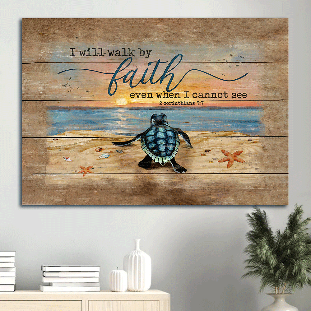 Jesus Landscape Canvas- Sea turtle painting, Sand beach- Gift for Christian- I will walk by faith - Landscape Canvas Prints, Wall Art