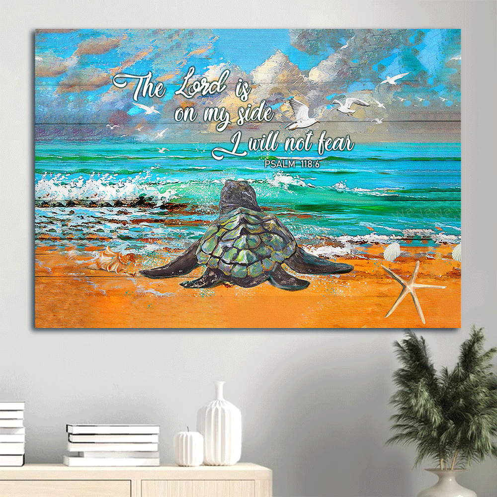 Jesus Landscape Canvas- Sea turtle, Sand beach painting- Gift for Christian- The Lord is on my side I will not fear - Landscape Canvas Prints, Wall Art