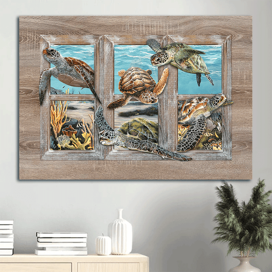 Turtle Landscape Canvas - Turtle Painting, Window Frame, Ocean World Canvas - Gift For Christian - Beautiful Coral Reef Canvas