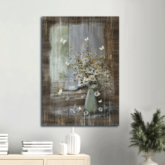 Jesus Portrait Canvas- Butterfly, Daisies, flower painting, Vintage daisy vase- Gift for Christian - Portrait Canvas Prints, Wall Art