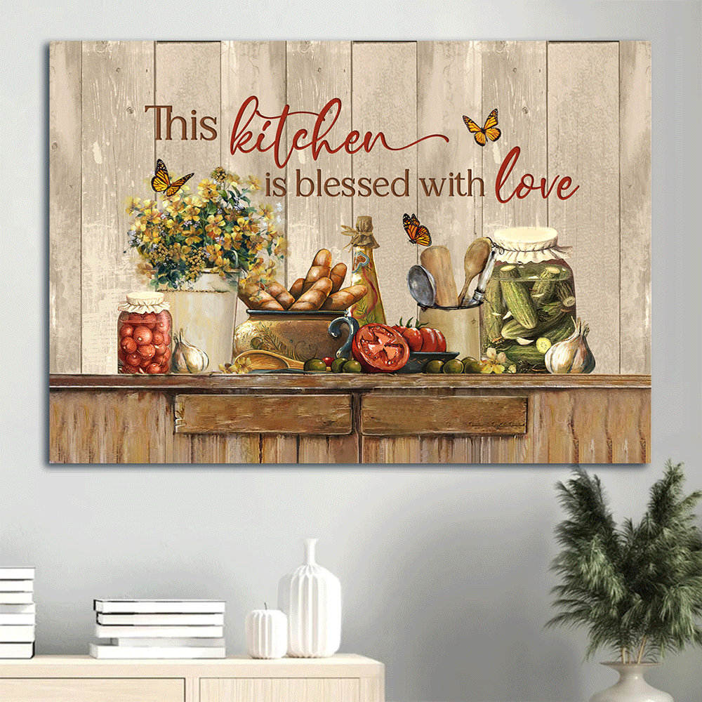 Jesus Landscape Canvas - Vintage Kitchen, Yellow Flower, Fresh Tomato Canvas - Gift For Christian - This Kitchen Is Blessed With Love Canvas