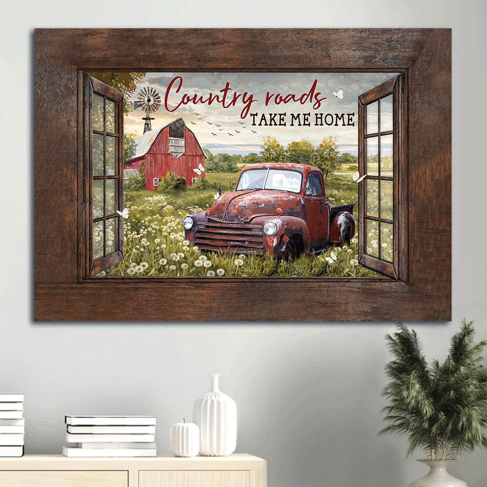 Jesus Landscape Canvas - Vintage Ladybug Car, Dandelion Garden, Beautiful Farm Canvas - Gift For Christian - Country Roads Take Me Home Canvas