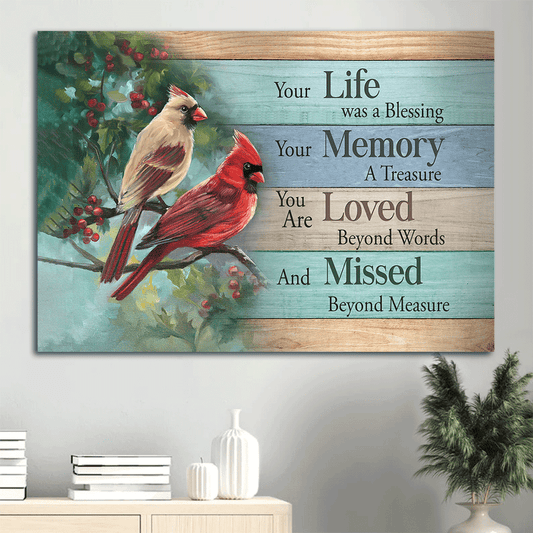 Memorial Landscape Canvas - Heaven, Watercolor Cardinal, Cranberry Tree, Nature Artwork Memorial Canvas - Memorial Gift For Member Family - Your Life Was A Blessing