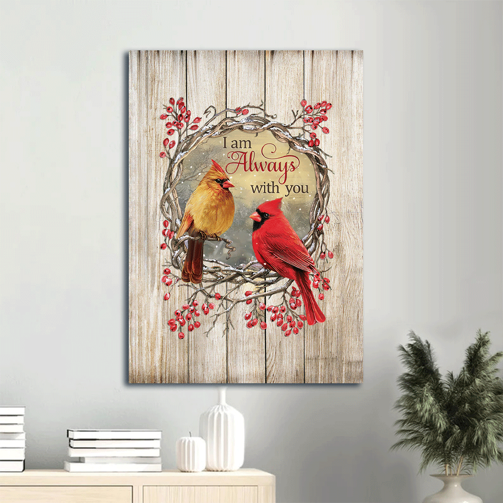 Memorial Portrait Canvas - Heaven, Watercolor Cardinal, Frozen Cranberry, Wooden Wreath Memorial Canvas - Memorial Gift For Member Family - I Am Always With You