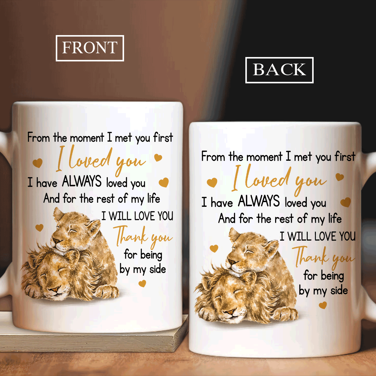 Couple White Mug - Watercolor lion, Yellow heart Mug - Gift for Couple, lover - Thank you for being by my side White Mug