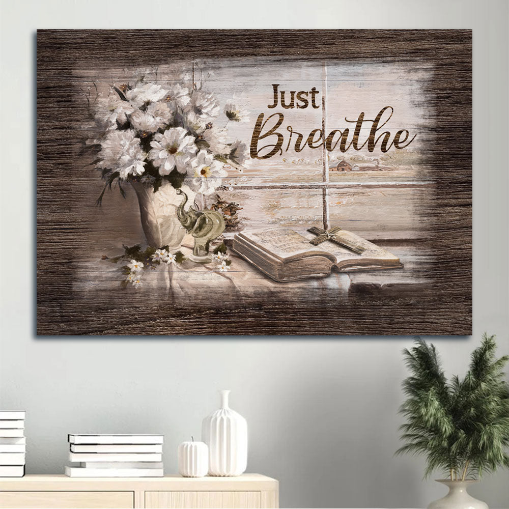 Jesus Landscape Canvas - White Daisy, Bible, Cross Symbol, Window Frame Canvas - Gift For Christian - Just Breathe Canvas