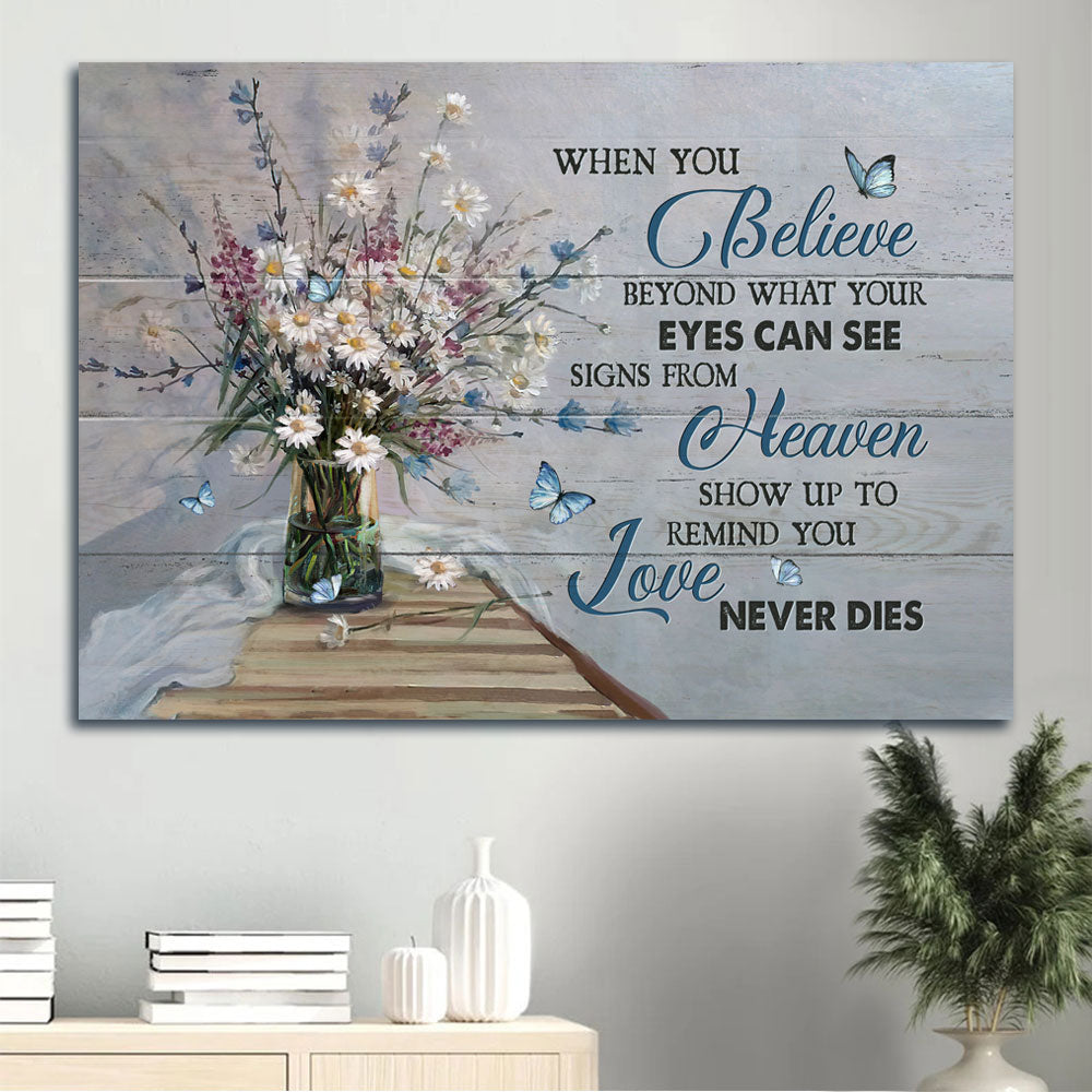 Heaven Landscape Canvas - White Daisy Drawing, Pink Flower, Beautiful Butterfly Memorial Canvas - Memorial Gift For Member Family - Signs From Heaven Show Up To Remind You Love Never Dies