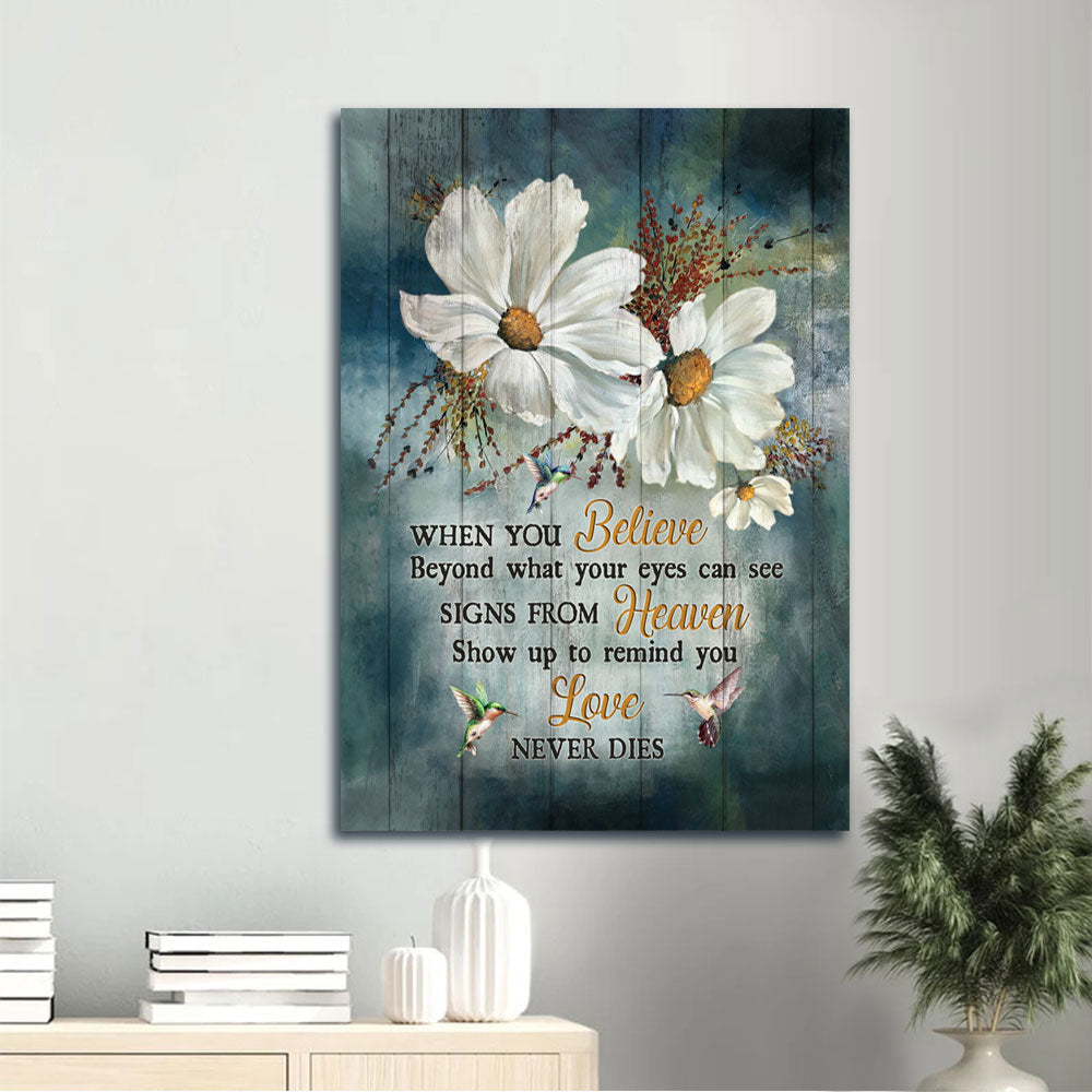 Heaven Portrait Canvas - White Daisy Flower, Hummingbird Memorial Canvas - Memorial Gift For Member Family - Love Never Dies Canvas