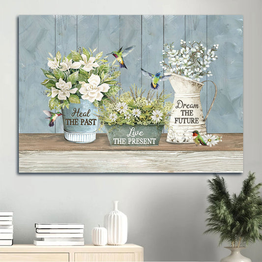 Jesus Landscape Canvas - White Flower Garden, Colorful Hummingbird Canvas - Gift For Christian - Heal The Past, Live The Present Canvas
