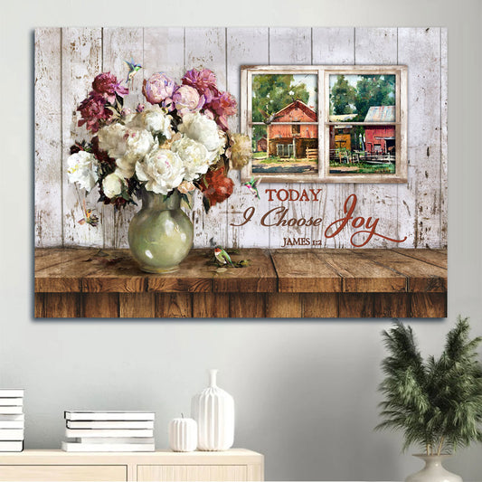 Jesus Landscape Canvas - White Flower Painting, Wooden Window Canvas - Gift For Christian - Today I Choose Joy Canvas