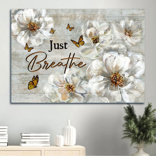 Jesus Landscape Canvas - White Flower Painting, Yellow Butterfly, Vintage Painting Canvas - Gift For Christian - Just Breathe Canvas