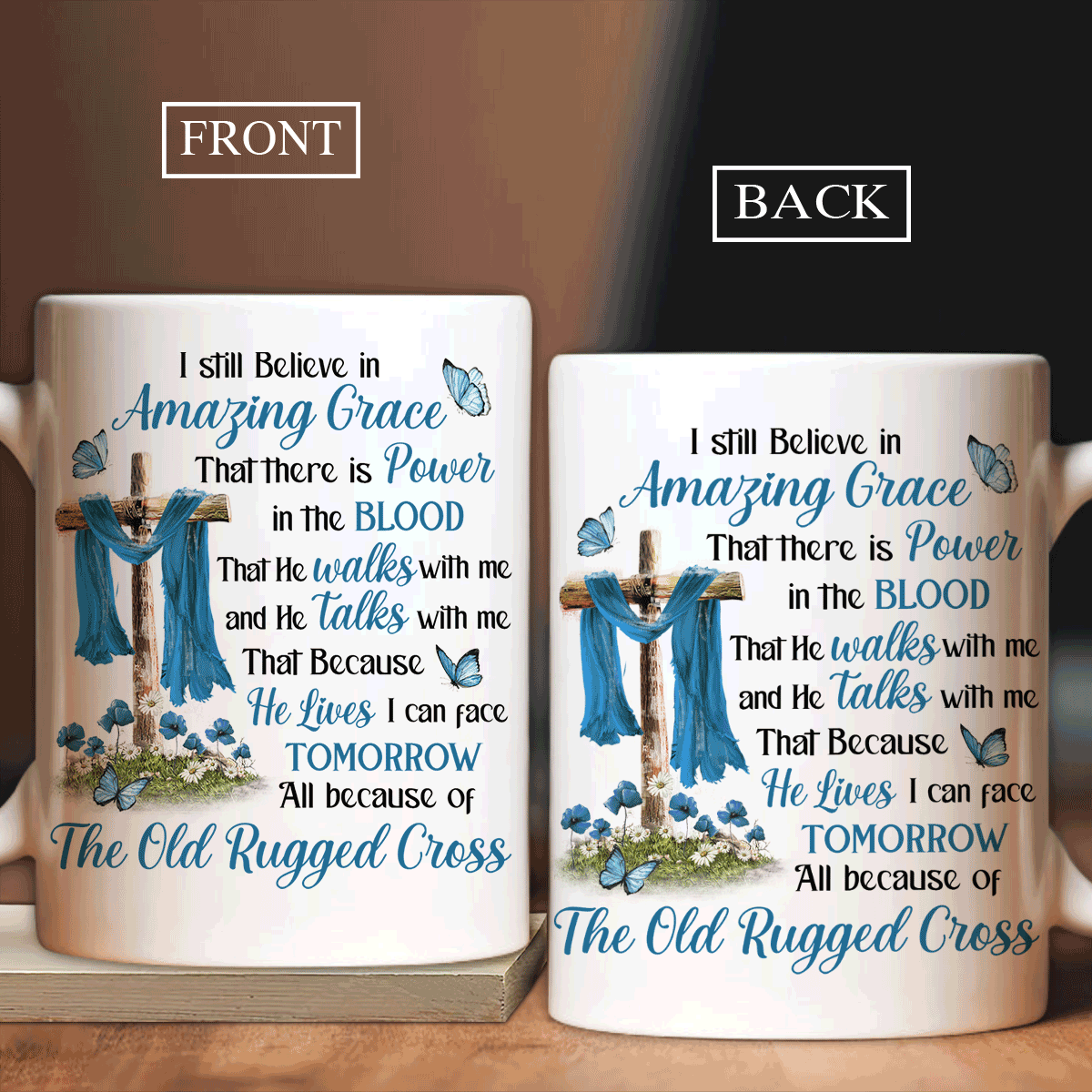 Jesus AOP Mug - Wooden cross, Pretty butterfly, Blue poppy painting Jesus AOP Mug - Gift For Christian - I still believe in amazing grace Jesus Mug