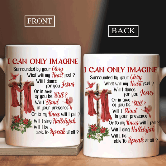 Jesus White Mug- Wooden cross, Red silk, Cardinal drawing- Gift for Christian- I can only imagine - White Mug