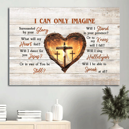 Jesus Landscape Canvas - Wooden Cross, Thorny Heart, Infinite Halo, Orange Sunset Canvas - Gift For Christian - I Can Only Imagine Canvas