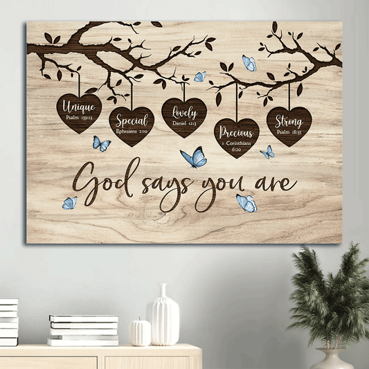 Jesus Landscape Canvas - Wooden Heart, Oldest Tree, Blue Butterfly Canvas - Gift For Christian - God Says You Are Unique