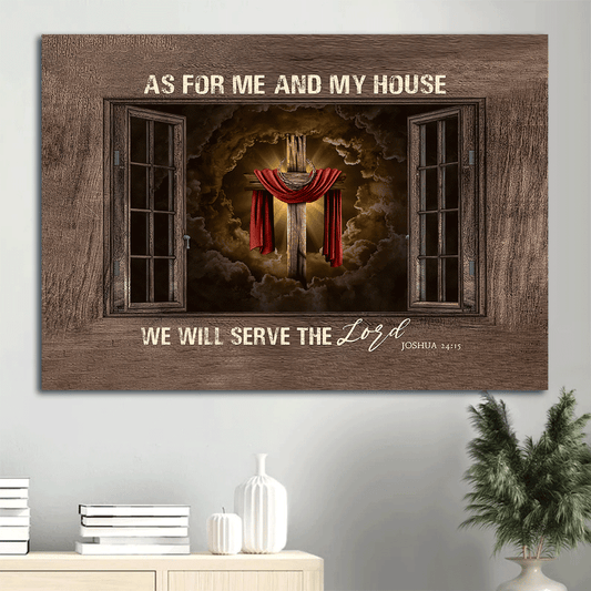 Jesus Landscape Canvas - Wooden Window, The Amazing Cross, Heaven's Light Canvas - Gift For Christian - As For Me And My House, We Will Serve The Lord