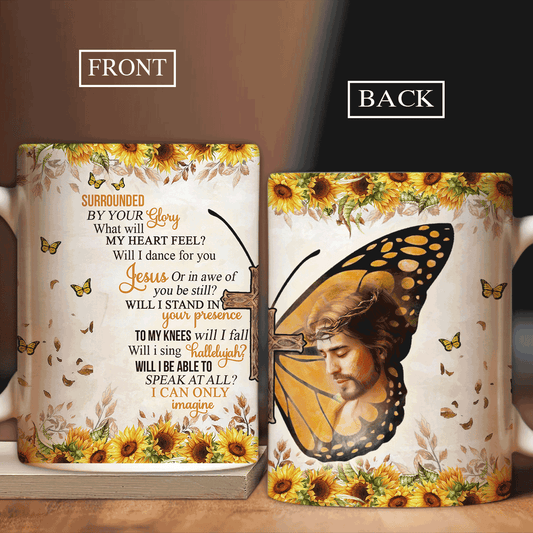 Jesus AOP Mug - Yellow butterfly, Sunflower, Jesus painting Jesus AOP Mug - Gift For Christian - I can only imagine Jesus AOP Mug
