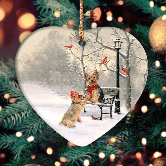Yorkshire Terrier Heart Ceramic Ornament - Cardinals Heart Ceramic Ornament - Christmas Gift For Yorkshire Terrier Lover - Yorkshire ,Cardinals And White Snow