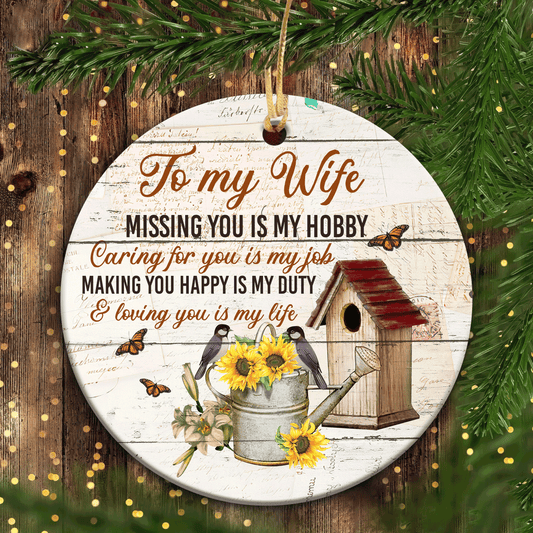 Christmas Ornament Gifts For Wife, Husband, Wife, Anniversary, Wedding - Bird And Flower Circle Ceramic Ornament, To My Wife, Loving You Is My Life