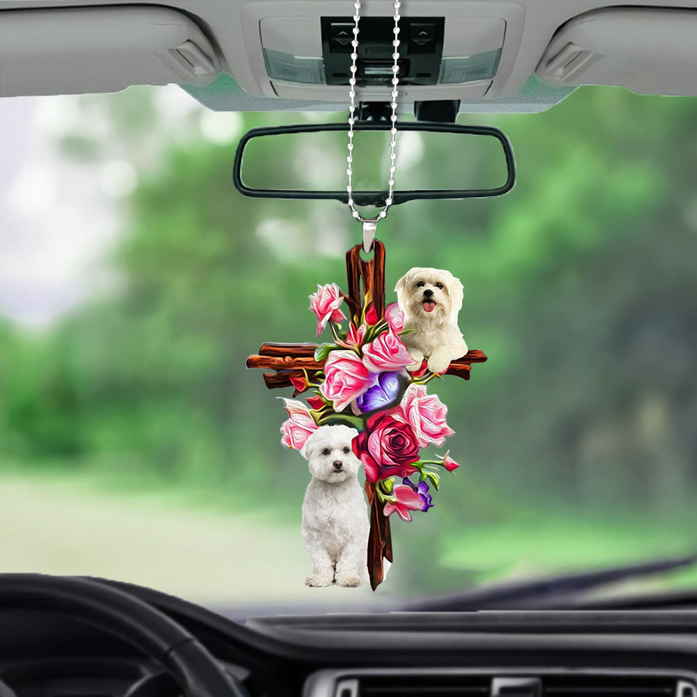 Maltese Roses and Jesus Ornament - Dog Car Hanging Ornament - Gift For Dog Mom, Dog Lover, Dog Owner