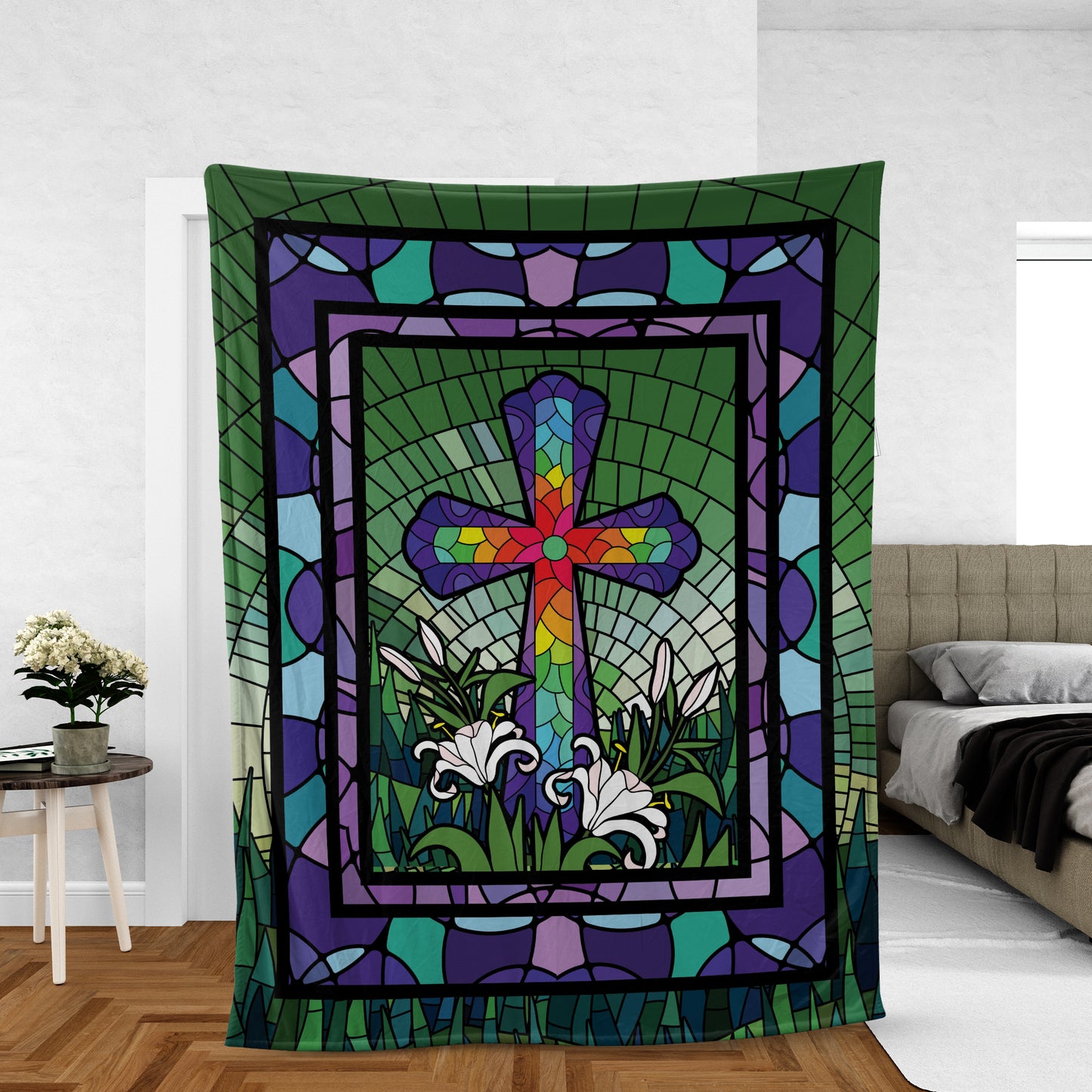 Christian Throw Blanket, Faith Blanket, Easter Day Blanket, Inspirational Gift - Colorful Cross, Watercolor Lily Flower, Green Meadow Land