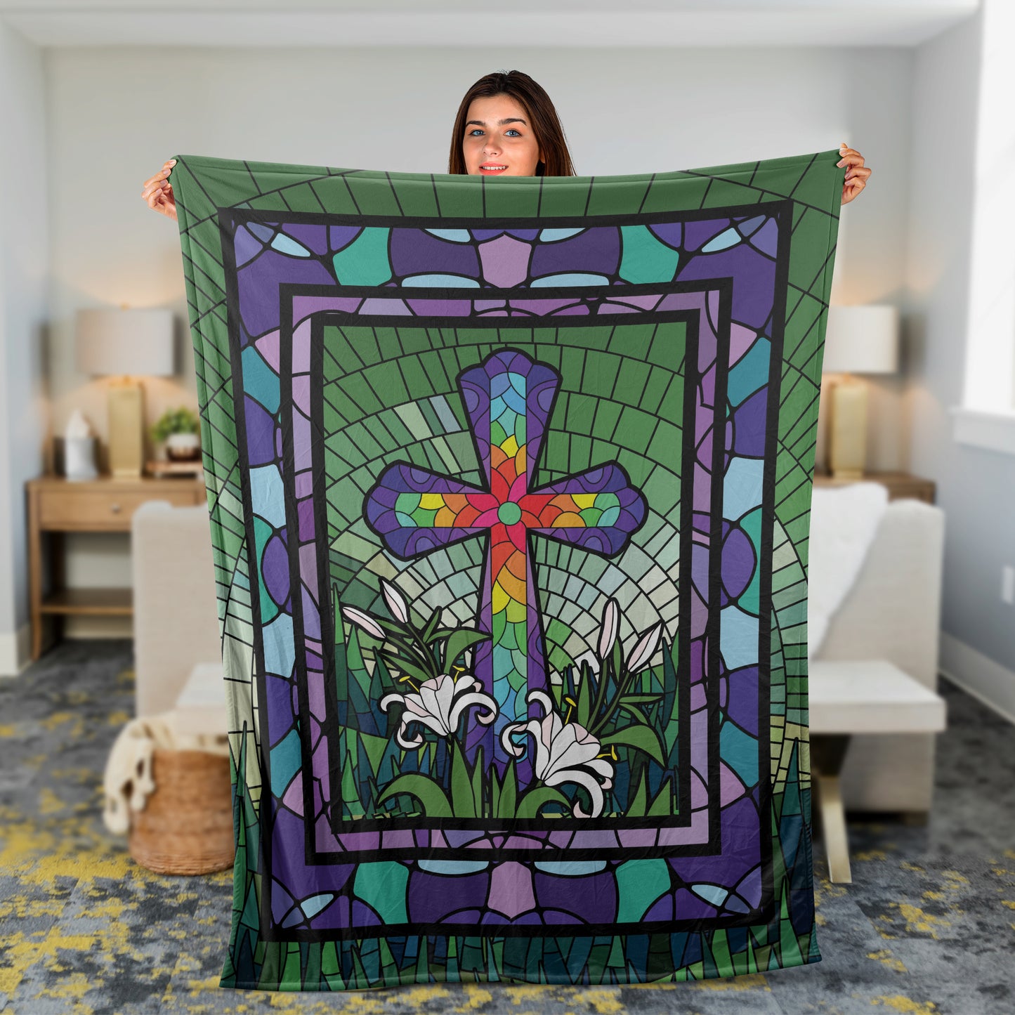 Christian Throw Blanket, Faith Blanket, Easter Day Blanket, Inspirational Gift - Colorful Cross, Watercolor Lily Flower, Green Meadow Land