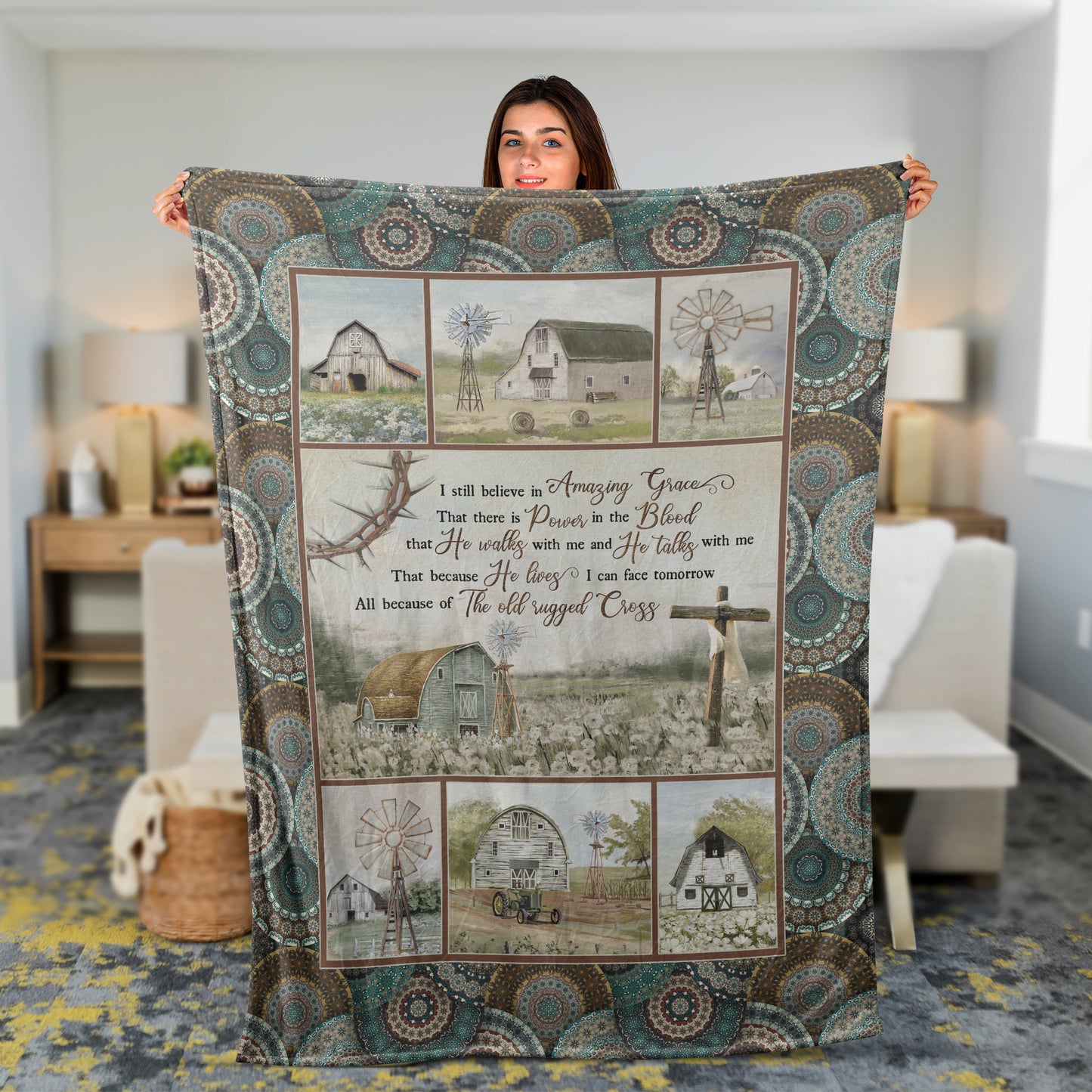 Christian Throw Blanket, Faith Blanket, Jesus Blanket, Inspirational Gift, Flower Field And Wooden Cross Blanket - I Still Believe In Amazing Grace