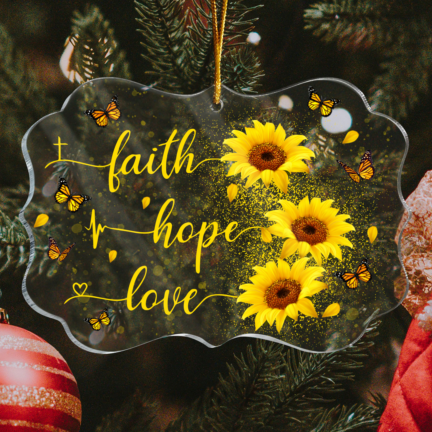 Jesus Acrylic Ornament - Christmas Gift For Family Member, Friends, Lovers - Glitter Sunflower Butterfly Faith Hope Love