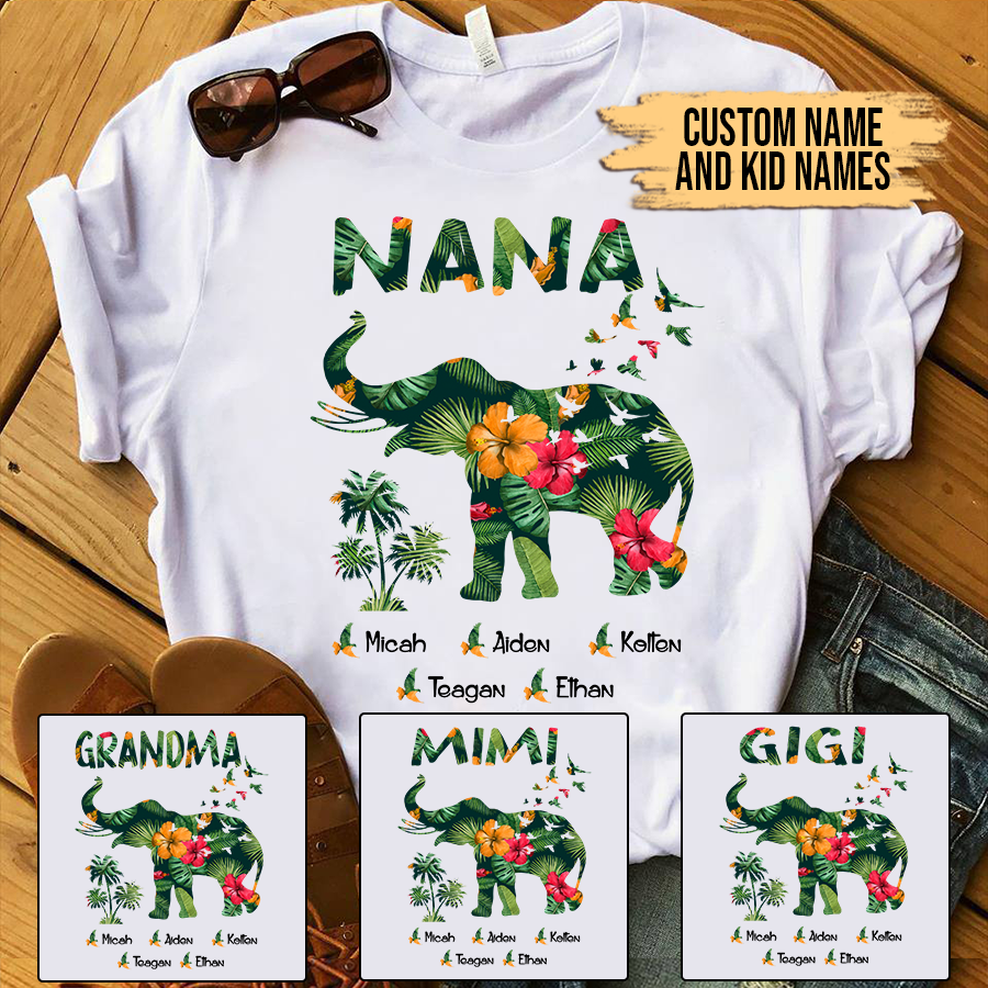 Nana and Kids Custom Name T-shirt, Nana Elephant, Elephant Lovers Gift for Mama Mother Grandma Personalized Shirt - Perfect Gift For Gigi, Nana, Mimi, Grandma