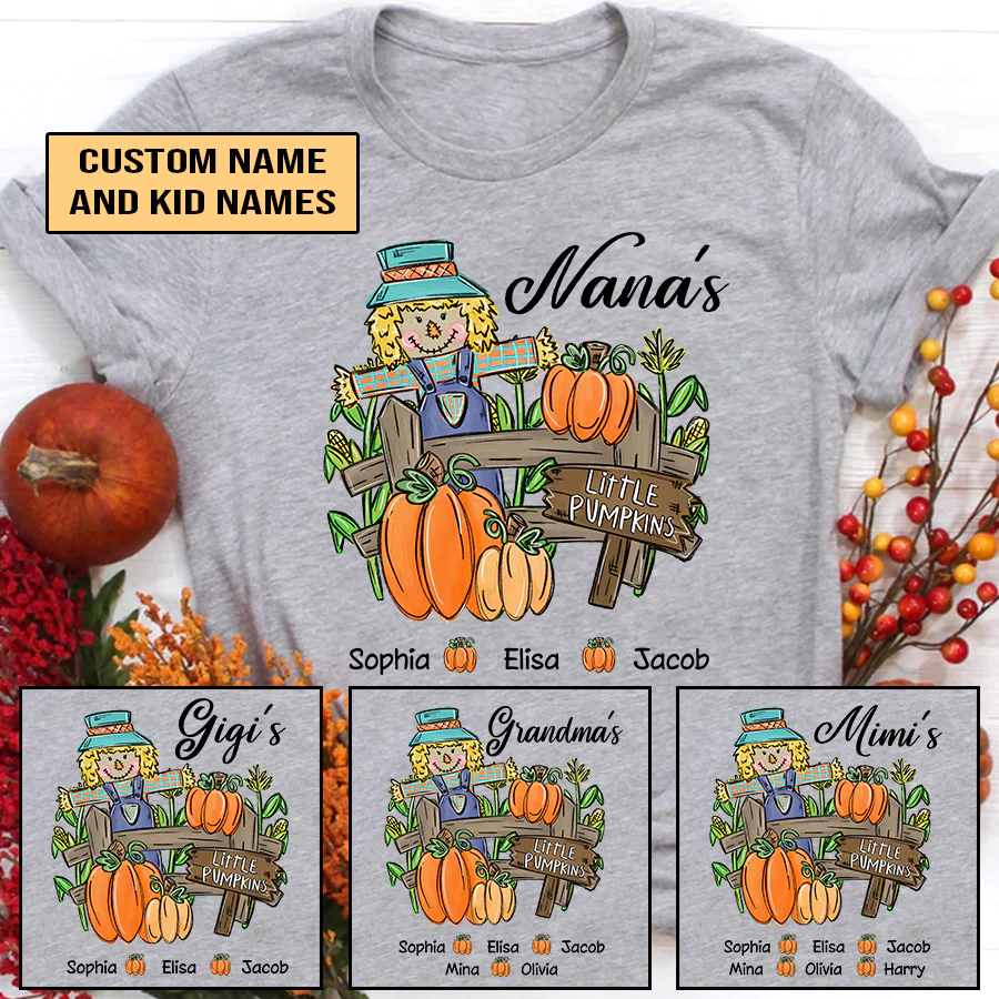 Nana with Kids custom name t-shirt, Mother's Day Shirt, Little Pumpkins Autumn Personalized Shirt - Perfect Gift For Nana, Mimi, Grandma