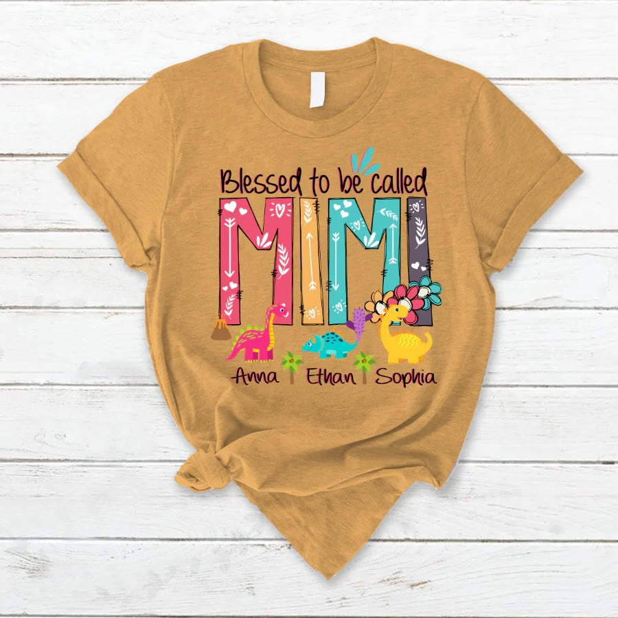 Mimi and Kids Custom Name T-shirt, Blessed To Be Called Mimi Dinosaur Personalized Shirt - Perfect Gift For Gigi, Nana, Mimi, Grandma