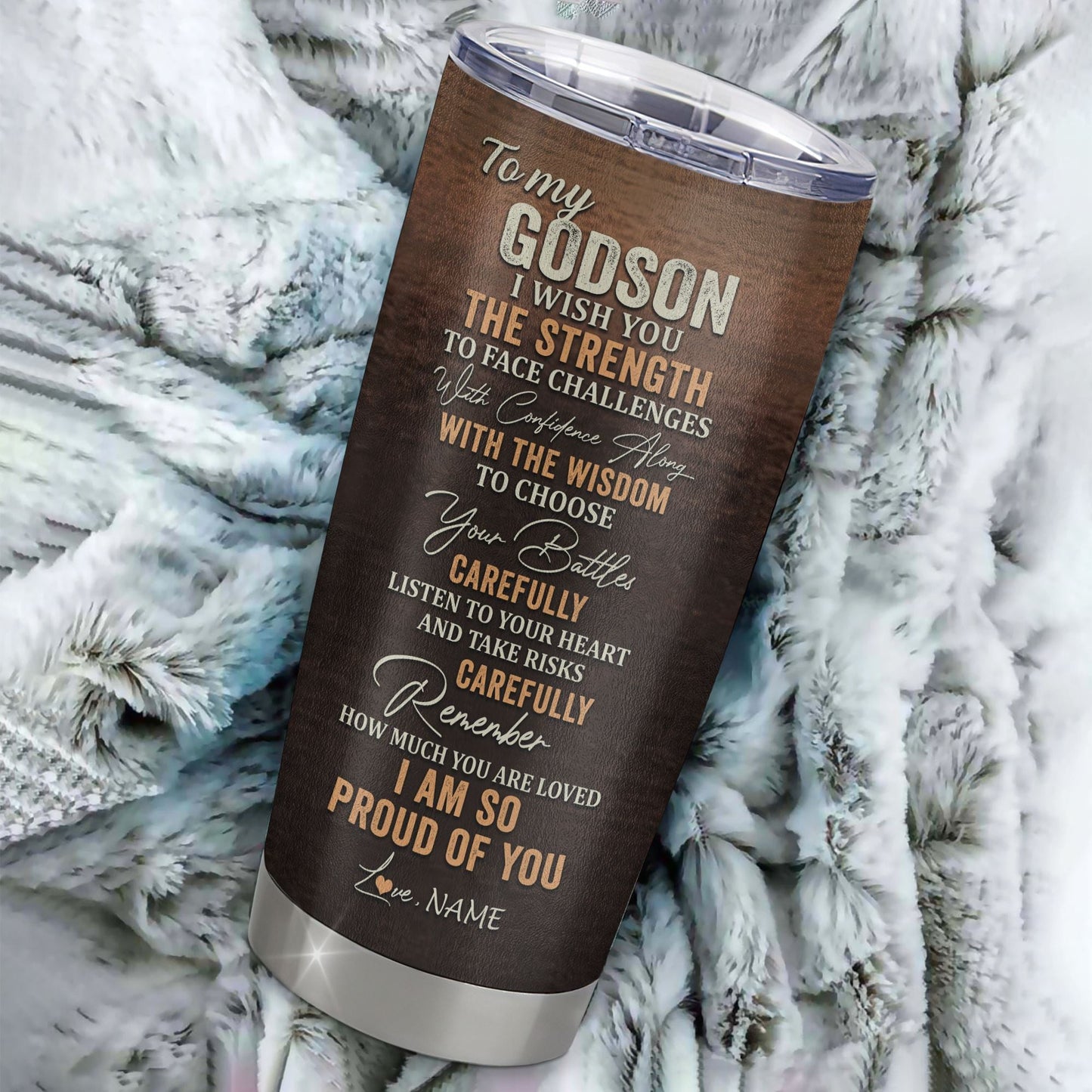 Lion, To My Godson From Godmother, Godfather, I Wish You The Strength - Personalized Tumbler Cup