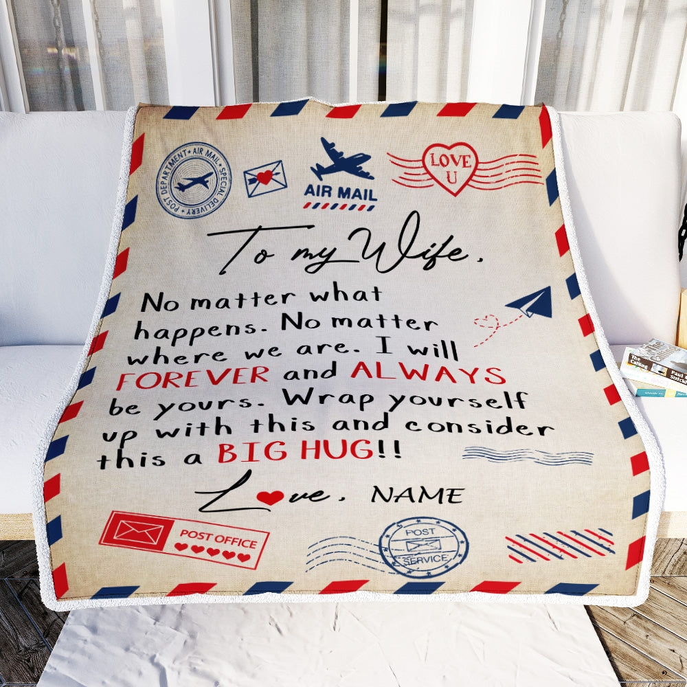 Personalized Gift For Wife Blankets - To My Wife, Big Hug, Air Mail Letter Blanket - Custom Romantic Gift For Wife, Lover, Newlyweds, Birthday, Anniversary Wedding, Christmas, Valentine's Day Blanket