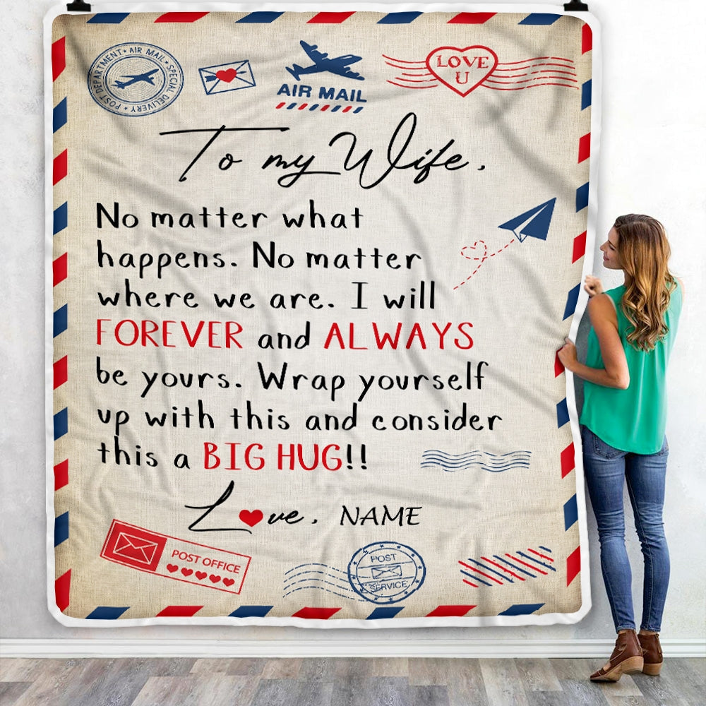 Personalized Gift For Wife Blankets - To My Wife, Big Hug, Air Mail Letter Blanket - Custom Romantic Gift For Wife, Lover, Newlyweds, Birthday, Anniversary Wedding, Christmas, Valentine's Day Blanket