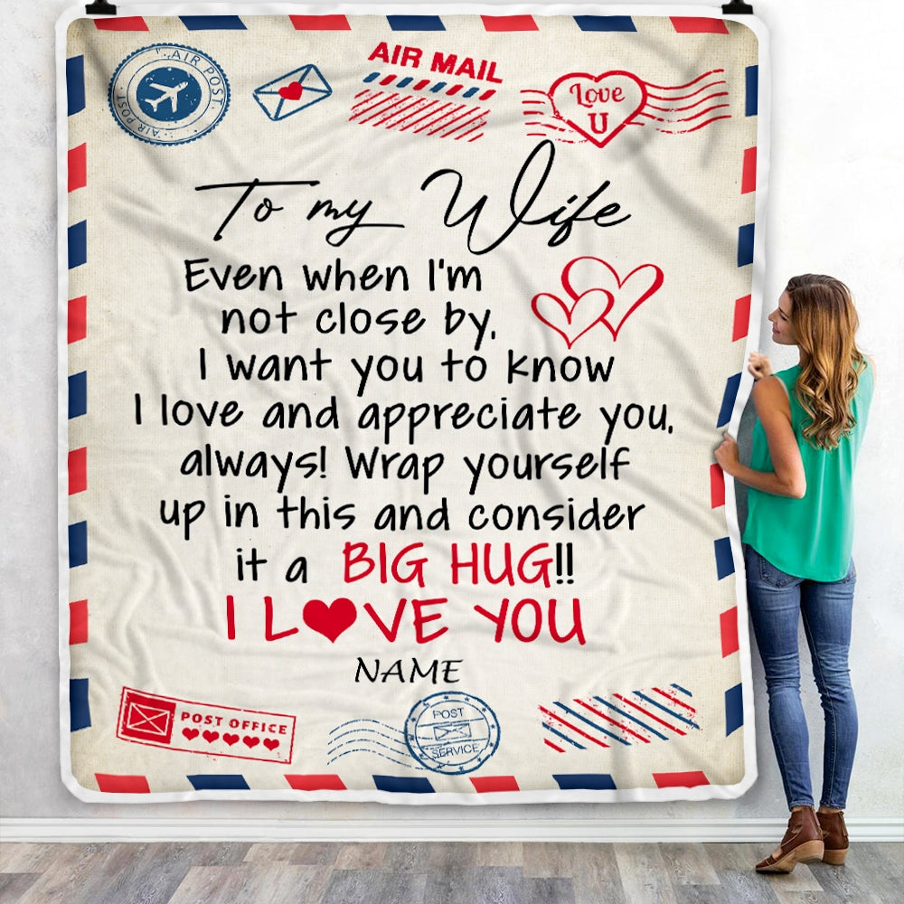 Personalized Blanket Gift For Wife, To My Wife Blanket From Husband, I Love You Hugs Air Mail Letter Wife Birthday, Wedding Anniversary Customized Fleece Blanket